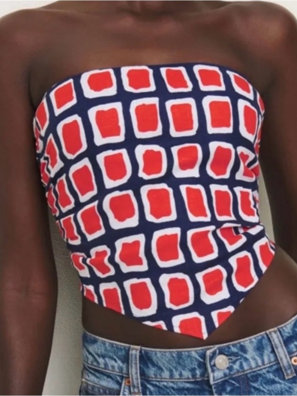 Reformation Navy, Red and White Strapless Geometric Crop Top